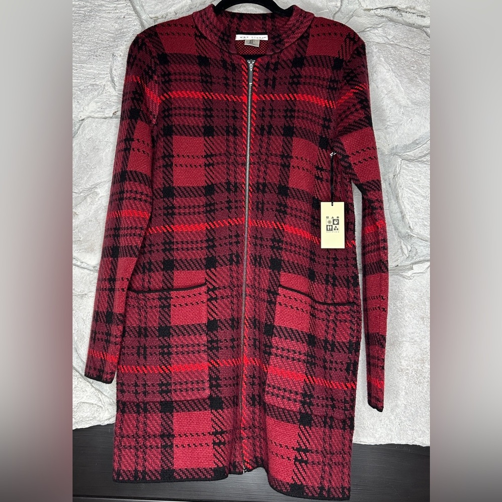 Max Studio | Women’s Red Black Plaid Houndstooth Zip Sweater Jacket, Size S, NWT